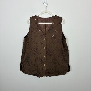 Vintage Linen Floral Embroidered Sequin Button Front Vest Boho Lined Women's XL